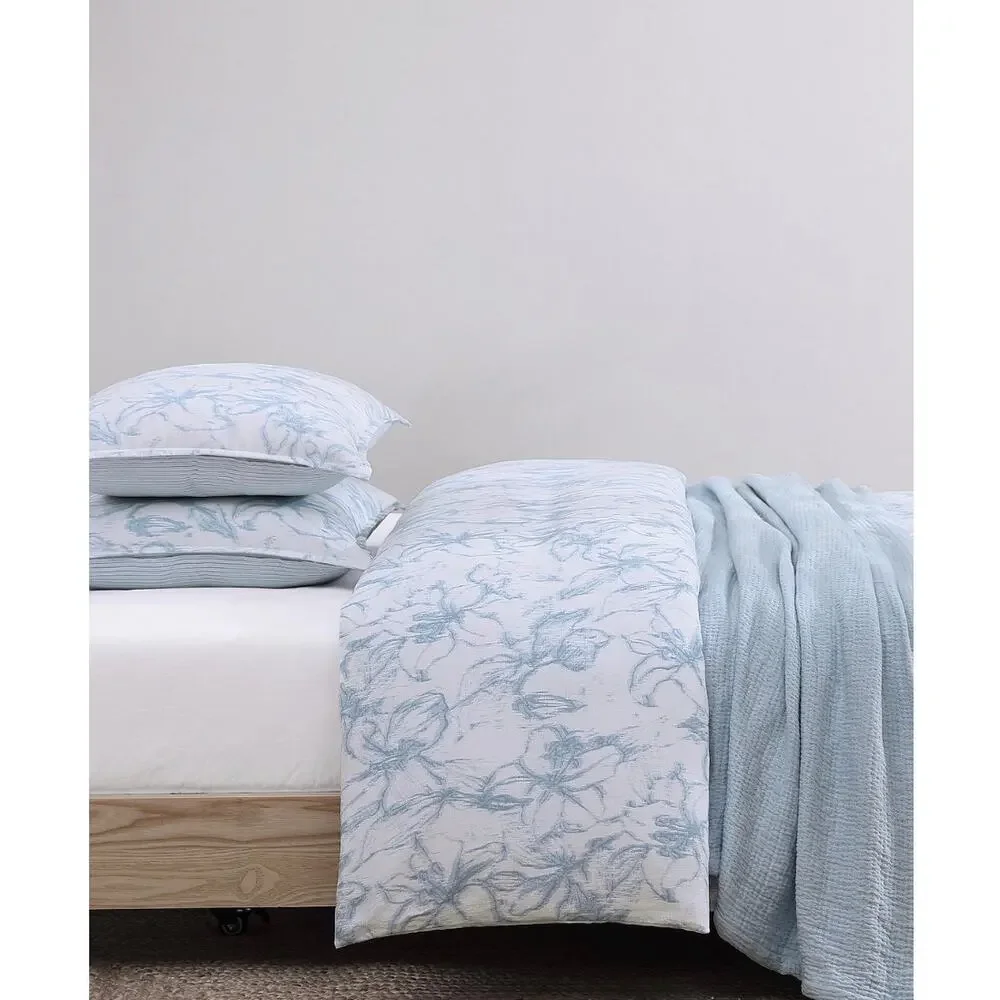 Tommy Hilfiger Full Queen Duvet Set Blue Floral 100% Cotton Slub NEW - Picture 3 of 6